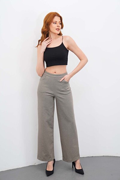 DI LORIA Women's Beige High Waist Wide Leg Palazzo Trousers