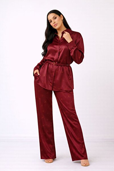 MG GİYİM STORE Cotton Satin High Waist Wide Leg Pants Shirt Set Office Casual...