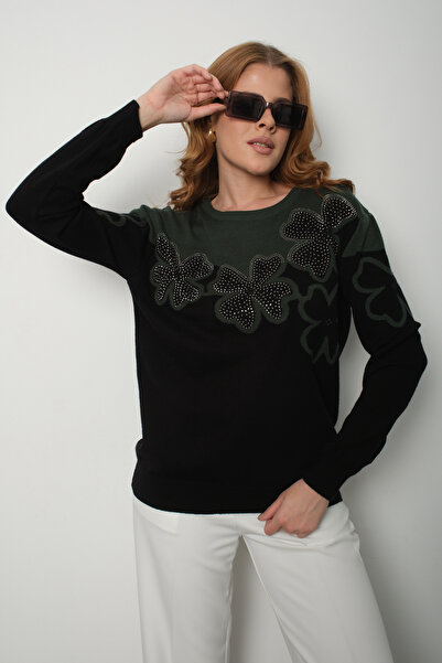 Moda Days Women's Khaki-Black Two-Tone Stone Detailed Floral Patterned Crew N...