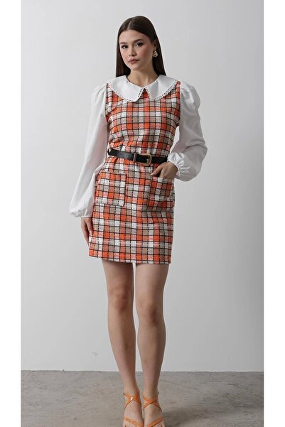 nefes butik Balon Kollu Ekose Mini Elbise