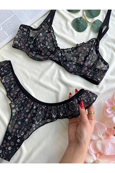 Fırfırlı Çiçek Desenli Bralet Takımı (Sütyen & Tanga)