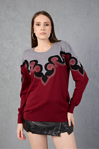 Moda Days Two-Tone Stone Detailed Crew Neck Knitwear Blouse