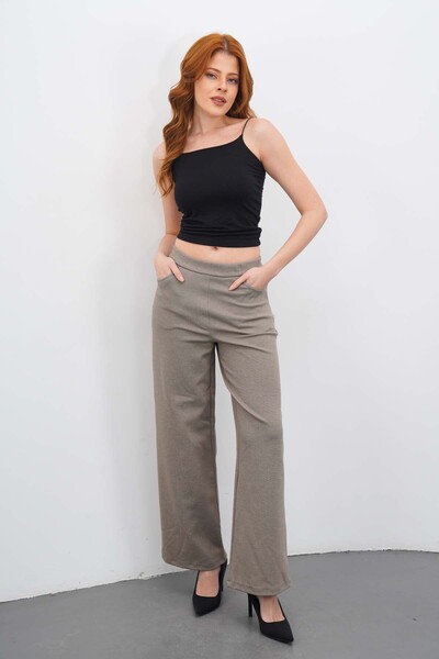 DI LORIA Γυναικείο Μπεζ Παντελόνι Παλάτσο με Ψηλόμεση Τσέπη και Φαρδιά Μπατζάκια