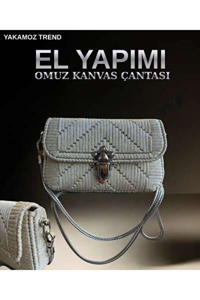 YAKAMOZ TREND KADIN OMUZ KANVAS ÇANTA, EL YAPIMI , KREM&GOLD 18CM*10CM*4,5CM ...