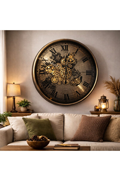hediyeconcepti Vintage Dünya Haritalı Metal Çarklı Duvar Saati – Altın Detayl...