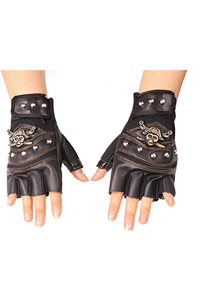 AyrStore Parmaksız eldiven deri, suni deri perçinler korsan iskelet eldiven P...