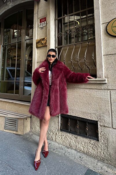 XXL BUTİK Kadın Bordo Kürk Kruvaze Yaka Düğmeli Oversize Mont ESR001