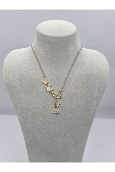 Ece Takı Aksesuar Zircon Stone Butterfly Design Steel Necklace