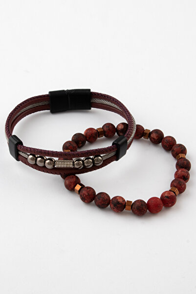 Sortie Aksesuar Genuine Leather Metal Detailed Hematite and Natural Stone Mag...