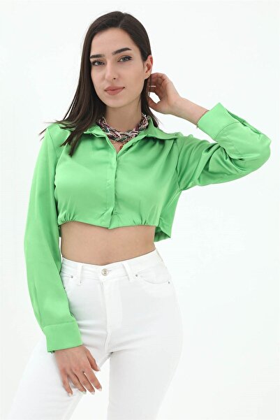 VELİZADE Cămașă de damă, verde, cu guler polo, cu talie elastică, model crop,...