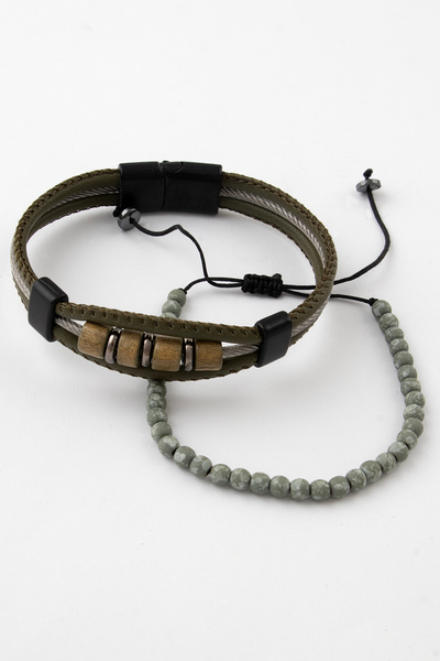 Sortie Aksesuar Genuine Leather Metal Detailed Hematite and Natural Stone Mag...