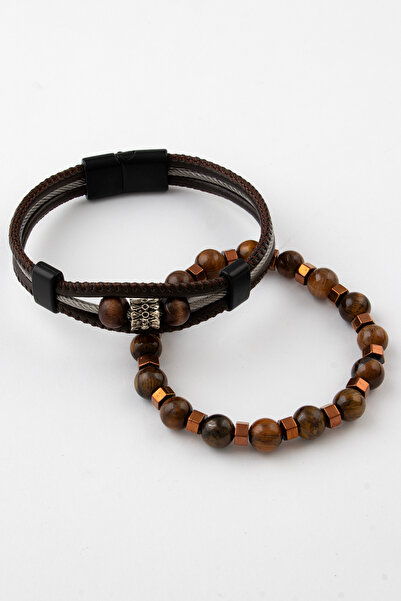 Sortie Aksesuar Genuine Leather Metal Detailed Hematite and Natural Stone Mag...