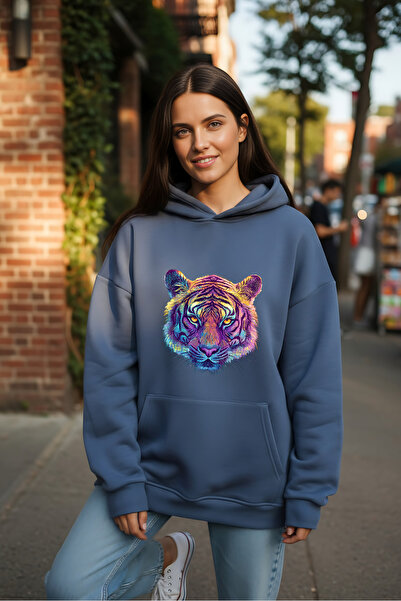 Windy Island Women's Oversized 100% Cotton'Tiger' Printed 3 Thread Ş Fleece-L...