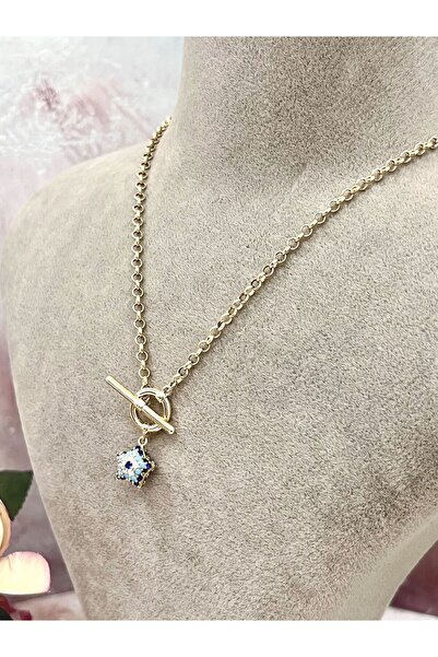 XUPING JEWELRY T Bar Kilitli Yıldız Detaylı Nazar Boncuklu Kadın Kolye (18k R...
