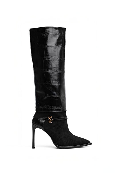 MARY حذاء نسائي طويل بكعب رفيع ونسيج جلد التمساح الفاخر