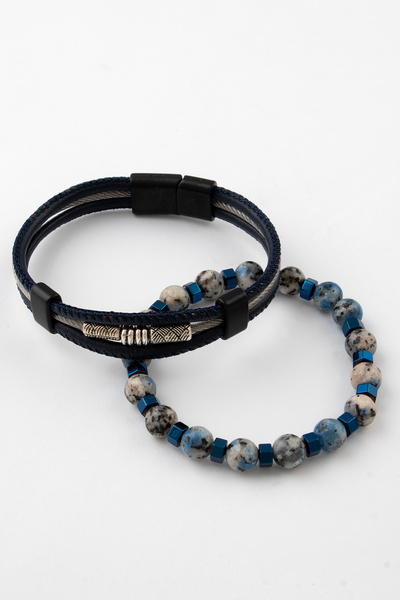 Sortie Aksesuar Genuine Leather Metal Detailed Hematite and Natural Stone Mag...