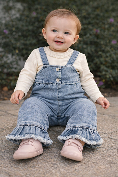 AKİ MODA KİDS Baby Girl Denim Salopet Set – Ruffle Trim and Lace Collar Detail