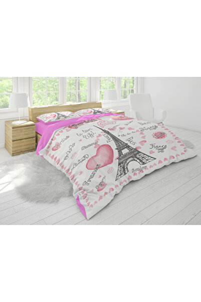 SAREL Pink Paris Printed 3D Double Duvet Cover Set