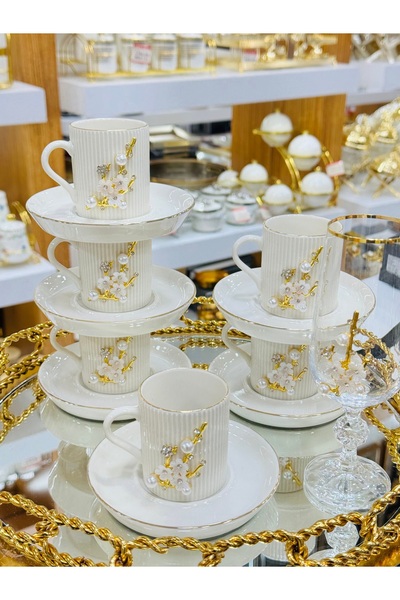 EVRA 6 Kişilik 12 Parça İnci Taşlı Porselen Fincan Takımı m47