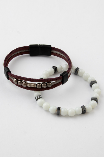 Sortie Aksesuar Genuine Leather Metal Detailed Hematite and Natural Stone Mag...