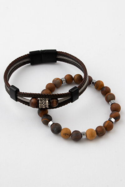 Sortie Aksesuar Genuine Leather Metal Detailed Hematite and Natural Stone Mag...