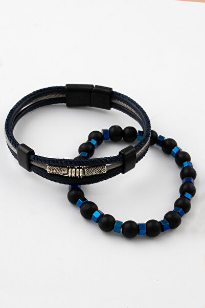 Sortie Aksesuar Genuine Leather Metal Detailed Hematite and Natural Stone Mag...