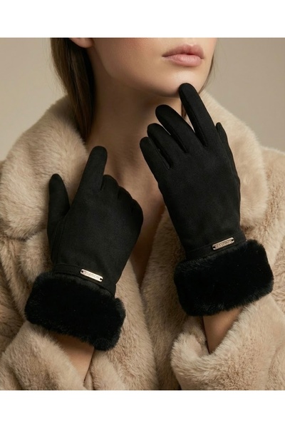 Şirin Giyim Aksesuar Kaşe Eldiven Kadın - Siyah Peluş Tüylü Kışlık Lüks Fashi...
