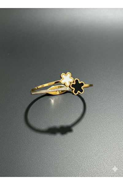 ELVİORA STORE Gold Renk Zirkon Taşlı Yonca Desenli Çelik Bileklik