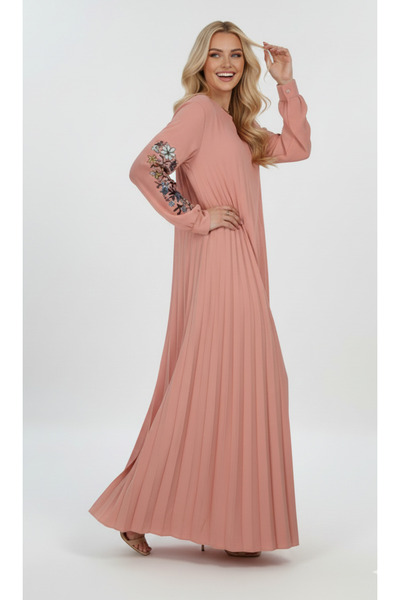 MQ Women's long embroidered dress with long sleeves and a round neck