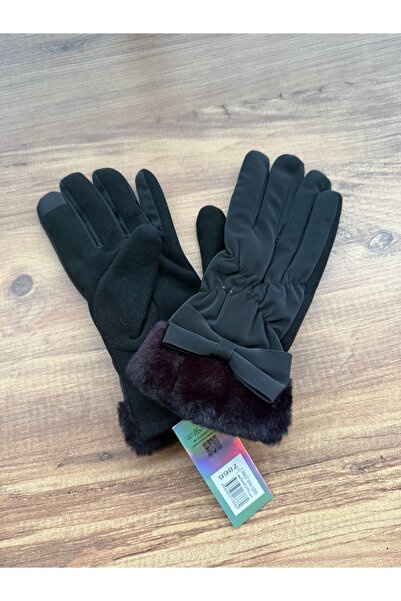 Blotch قفازات شتوية نسائية سوداء اللون مع فرو على الكاحل وبطانة مخملية وتفاصي...