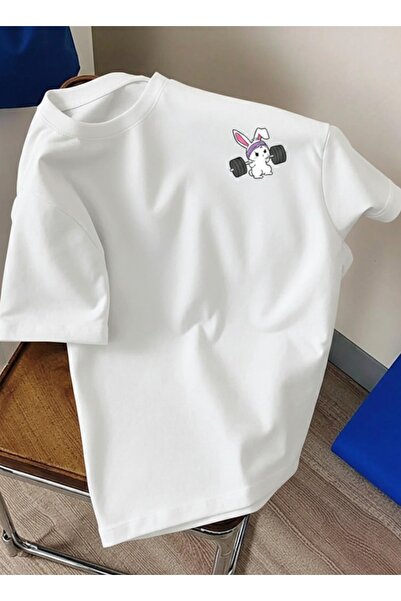 one button Tricou unisex drăguț, cu imprimeu sportiv cu iepure, cu gât rotund...