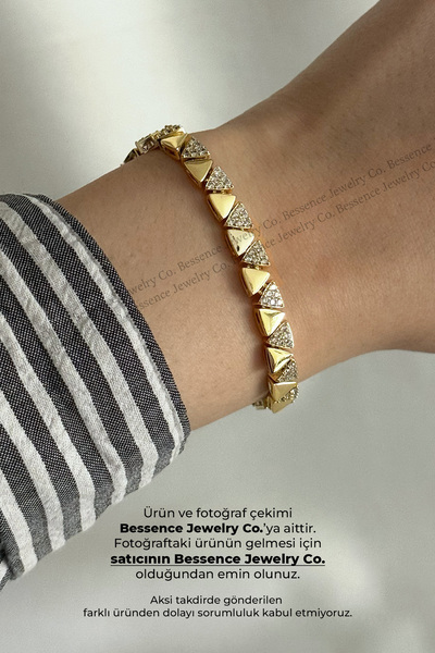 Bessence Jewelry Co CM Jew 14K Gold Piramit Taşlı Luxury Çelik Bileklik 17CM+...