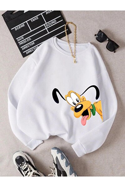 oneagılyazı 3 Yarn Combed Cotton Cute Dog Printed Circular Neck Unisex Oversi...