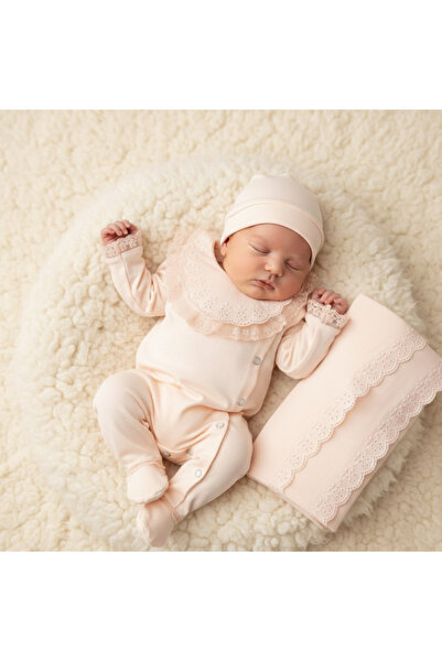 LisaLoom 3'lü Organik Hastane Çıkış Seti Brodeli %100 Pamuk Yenidoğan Kız Bebek