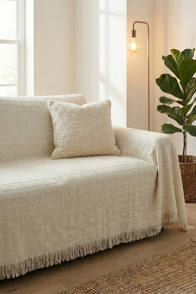 Morlay مريح |   غطاء أريكة ثلاثي من قماش بولدان مع شراشيب إكرو 180x220 سم