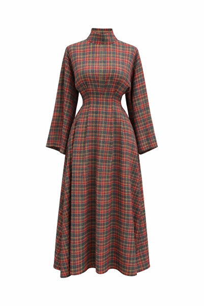 Rita Ekose Desenli, Boğazlı Yaka, Belden Oturtmalı ,Uzun Tesettür Elbise”