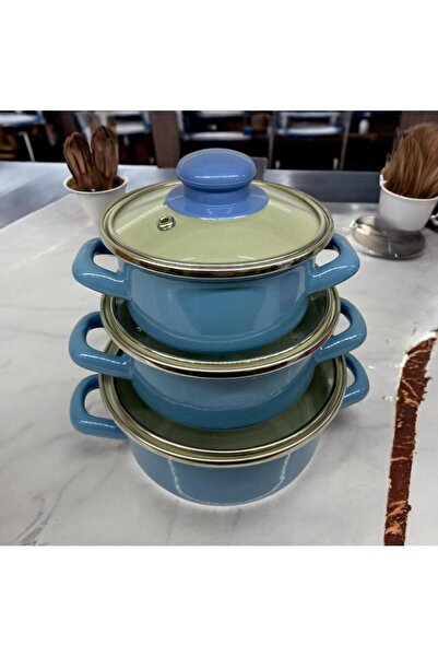 ALEV EMAYE Enamel 3-Piece Mini Pot Set – 12 / 14 / 16 cm – Blue – with Glass Lid