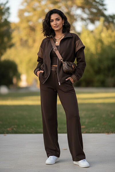 TRENDY Alt üst spor şık kol omuz bel detaylı kahverengi takım