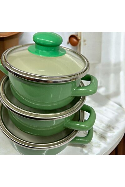 ALEV EMAYE Enamel 3-Piece Mini Pot Set – 12 / 14 / 16 cm – Green – with Glass Lid