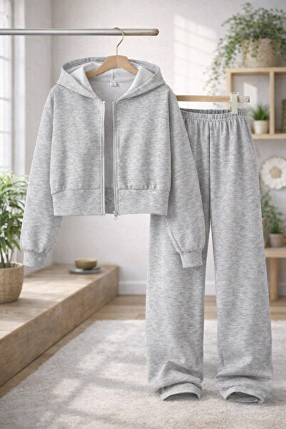 Kids Baskısız 3 lü Gri Renkli Kışlık Takım