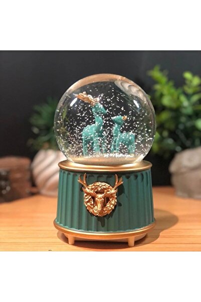 newar Pilli Işıklı Müzikli Kar Küresi – İki Geyikli Yeşil Figürlü LED Dekorat...