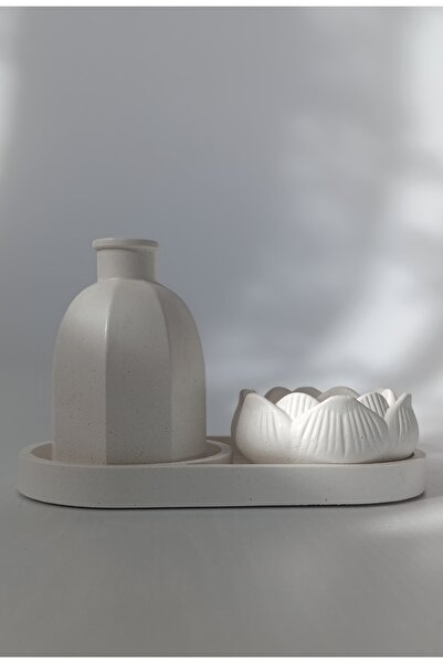 Lotus Taş Tozu Vazo, Tealight Mumluk ve Tepsi Seti – Minimal 3’lü Dekoratif Sunum Seti