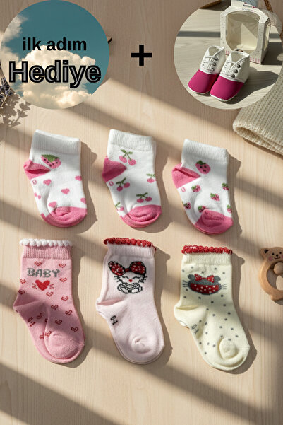 senihan İlk Adım Ayakkabısı Hediyeli 6 Çift Kız Bebek Çorabı Kombini - Desenl...