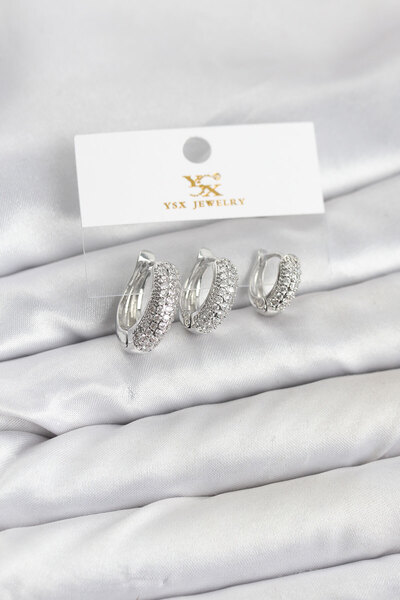 Epilons طقم أقراط من النحاس الفضي اللون مع حجر الزركون موديل YSX Trio - TJ-BK...