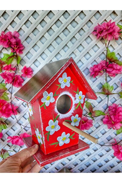 buraxe Kırmızı, el boyaması ahşap kuş yuvası, 21×18×11 cm,bahçe balkon ağaç d...