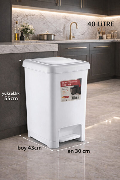 Store 40 Litre Pedallı Beyaz Banyo Mutfak Çöp Kovası Beyaz Kapaklı Slim Pedal...