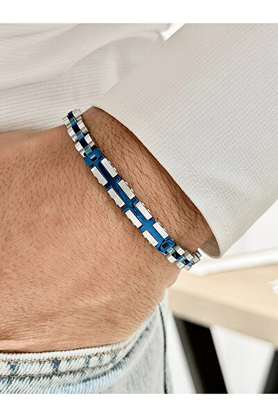 FERRO سوار رجالي من الفولاذ باللون الفضي والأزرق الداكن FRJ10123A-L مع ضمان ل...