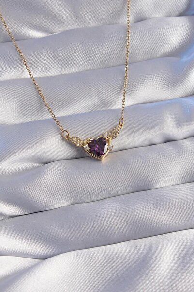stainles steel 316l Çelik Zincir Gold Renk Mor Zirkon Taşlı Kanatlı Kalp Kolye