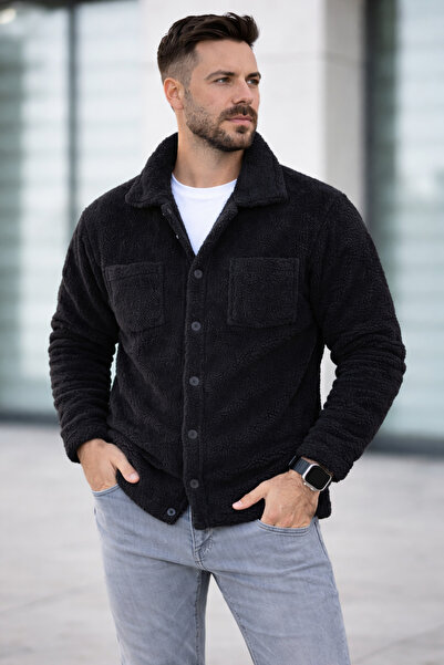 LACHAREL Unisex peluş gömlek ceket - düğmeli, çift cepli kışlık