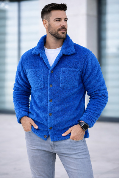 LACHAREL Unisex peluş gömlek ceket - düğmeli, çift cepli kışlık